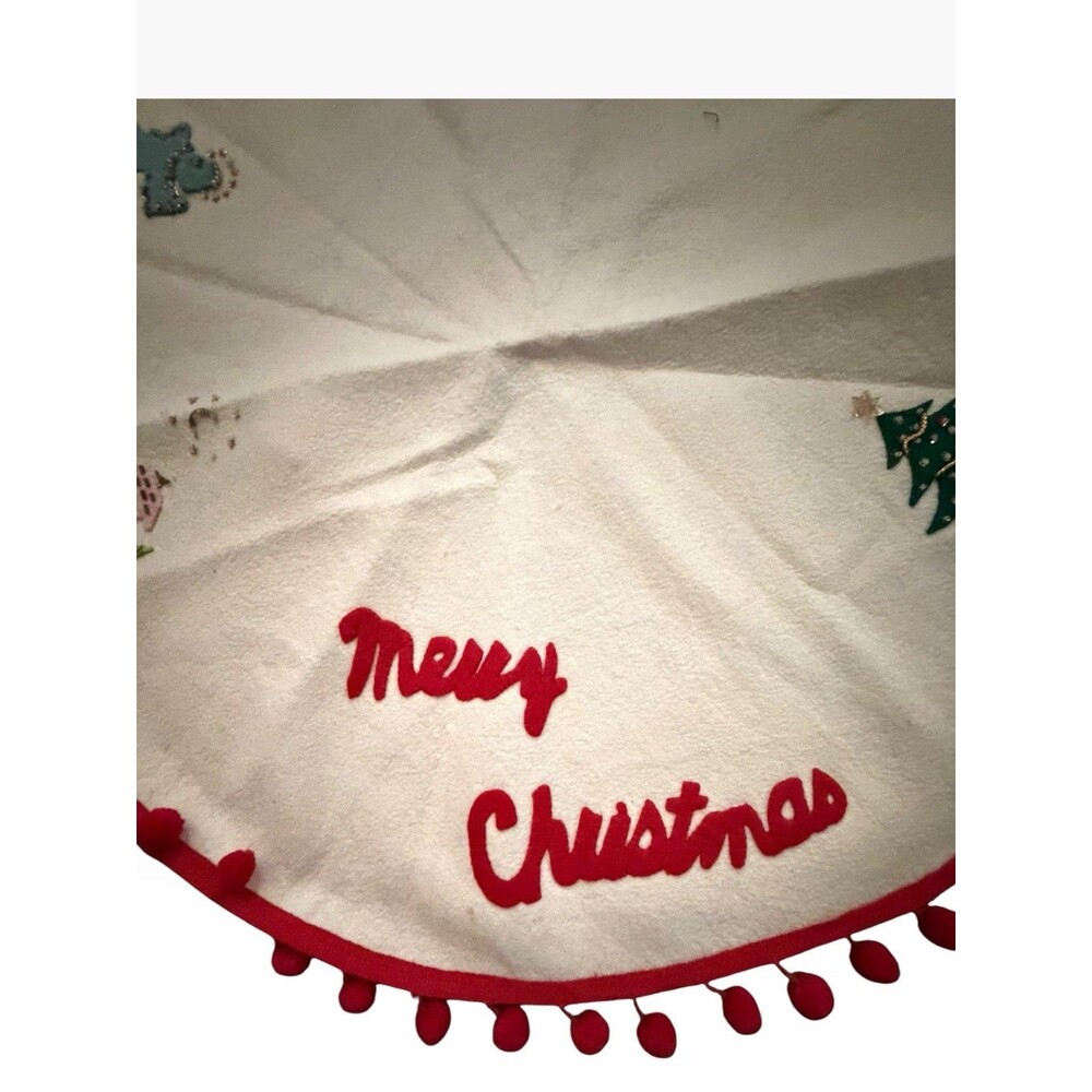 Vintage Felt Sequin Christmas Tree Skirt Small 27” Merry Christmas Pom Poms - Picture 3 of 9